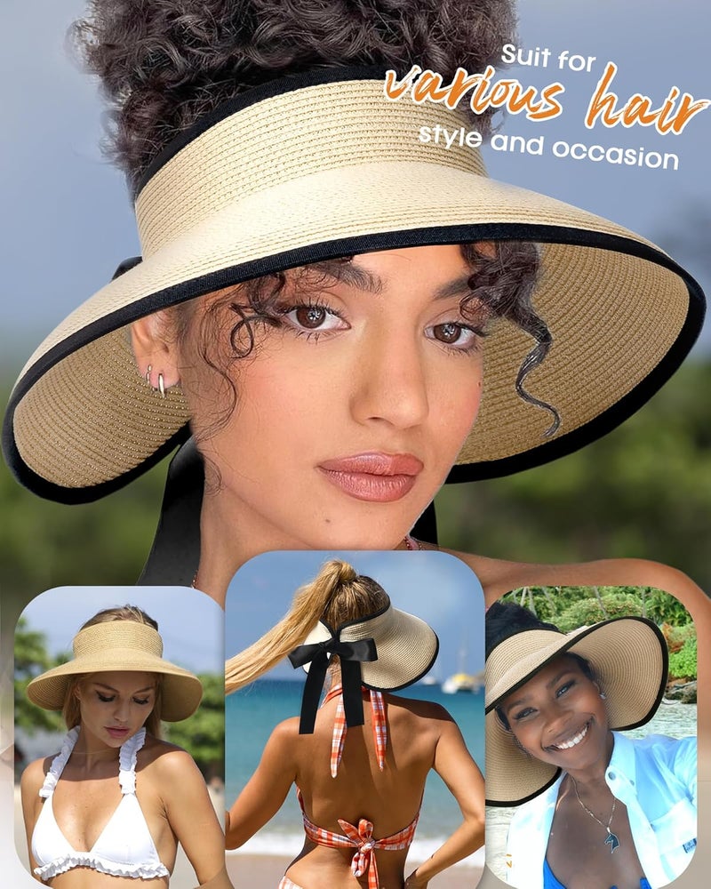 Camptrace Sun Visors for Women Wide Brim Beach Hat Foldable Straw Visor Hat Ponytail Summer Packable UPF 50+ - Image 3